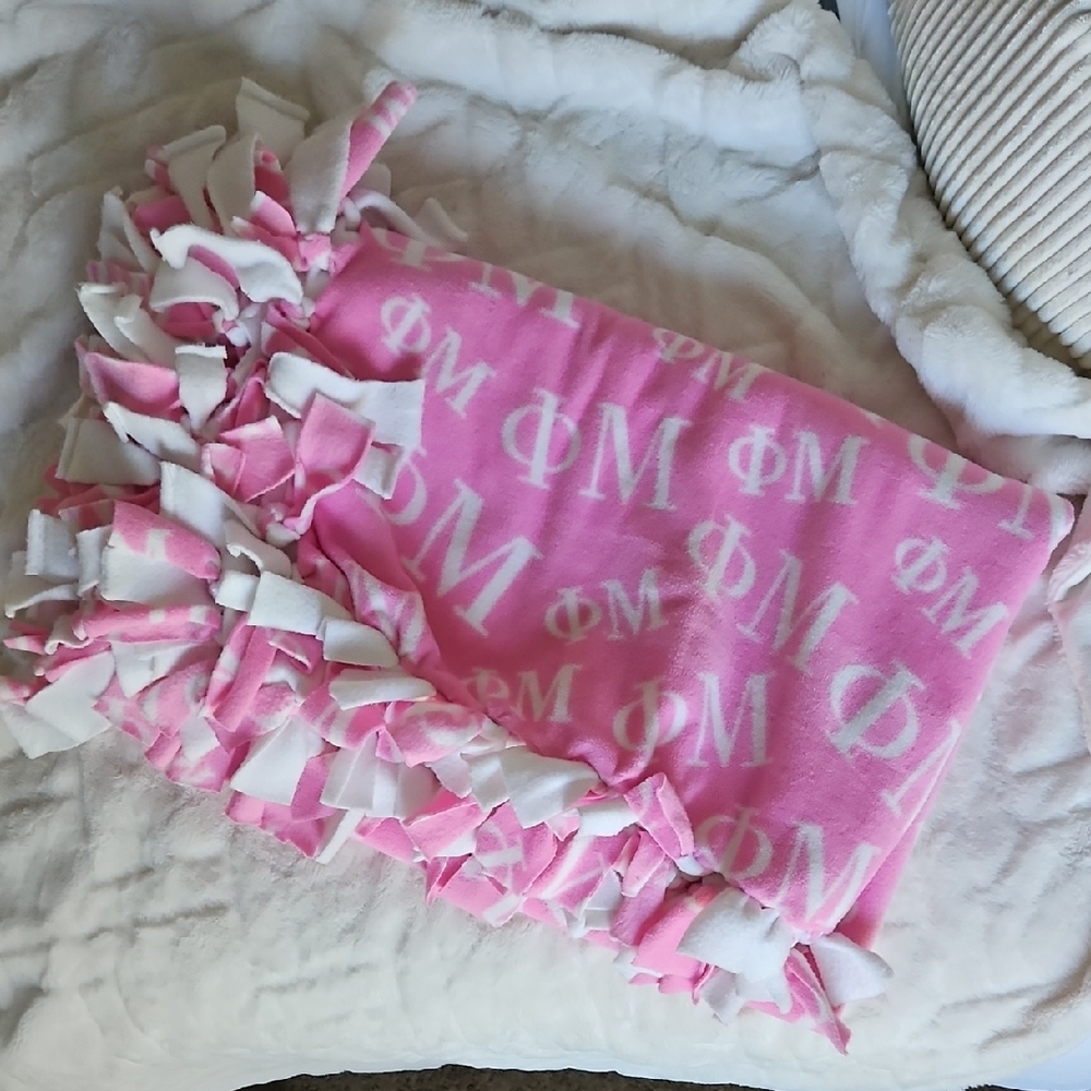 Phi Mu Pink and White Fleece Blanket